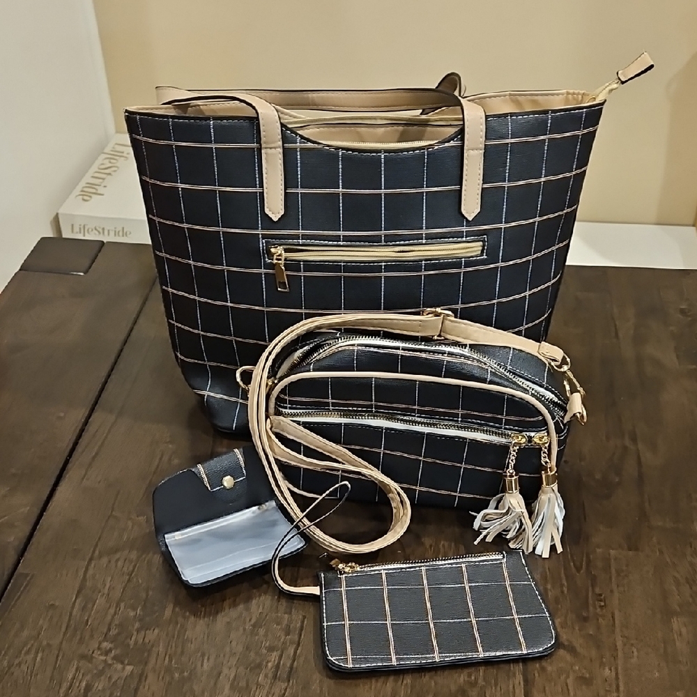 Elegant Black and Tan Checkered Women's Bag Set